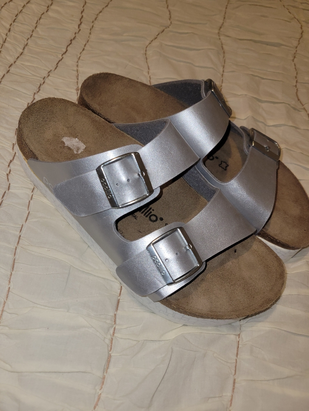 Papillio Birkenstock Platform Women’s Silver Double-Buckle Slide Sandals